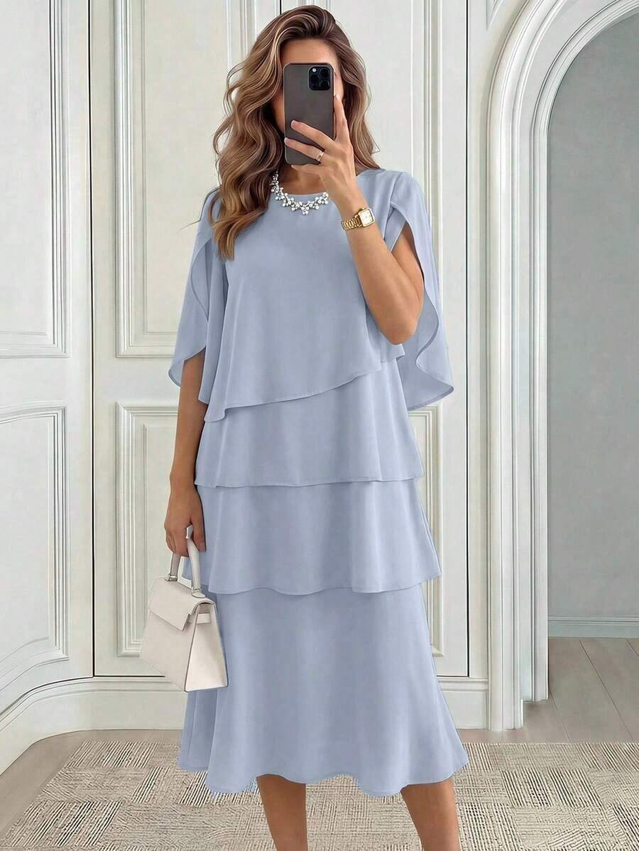 Vestido de fiesta elegante de unicolor para mujeres de mediana edad y mayores - Azul - Ver 1