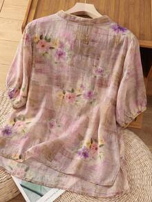 Regalo para mamá Blusa de estilo chino con flores de verano, elegante blusa bordada de manga corta para vacaciones, uso diario y reuniones familiares - Morado - Ver 2