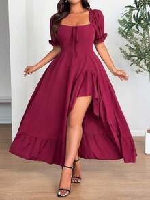 Clasi Vestido casual de fiesta con cintura fruncida y anudada, abertura lateral, para mujer de talla grande y unicolor - Burdeos - Ver 6