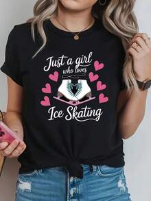 Women's Printed T-Shirt With The Phrase "Just A Girl Who Loves I Skating", Round Neck, Short Sleeve For Spring/Summer, Casual For Shopping, Holiday Gift, Ideal For Gatherings With Friends And Vacation. - 黑色 - 查看 1