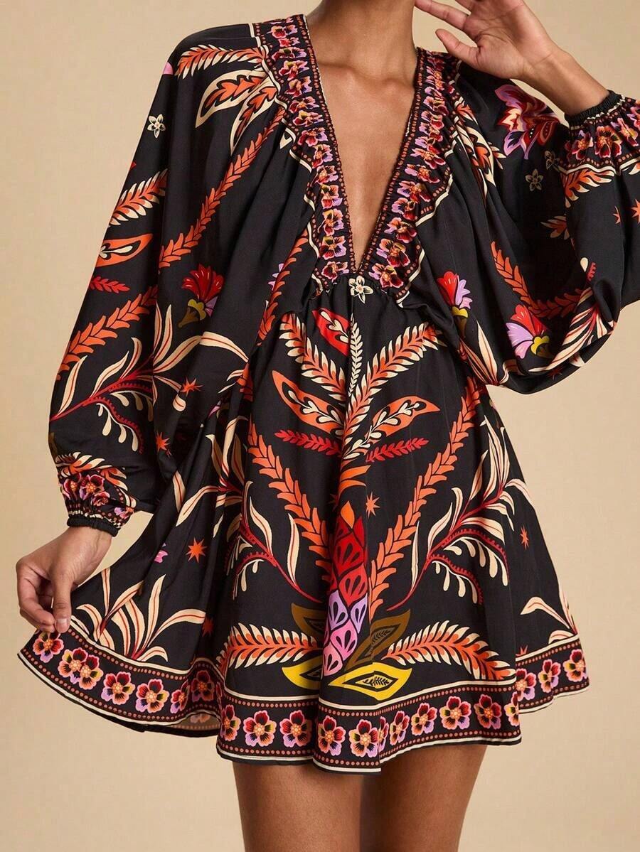 Vestido de gasa con cuello en V y manga larga con estampado floral para mujer, adecuado para vacaciones, estilo de vacaciones, estampado gráfico tejido, atuendos casuales de verano para vacaciones, atuendos de vacaciones en la playa bohemia, ropa bohemia chic, atuendos de festivales de vacaciones, atuendos de playa para mujer, atuendos de verano para mujer, atuendo de graduación, atuendos de cumpleaños para mujer, artículos esenciales de playa, atuendo de aeropuerto para mujer, vestido de té, vestido de cumpleaños, vestido de verano, verano europeo, ropa bohemia para mujer, vestido elegante para mujer - Multicolor 3 - Ver 1