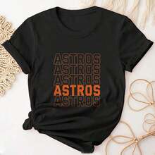 Women's Cotton T-Shirts With Round Neck And Graphic Print, Astros Astros Astros Astros Astros, Casual Oversized Short Sleeve T-Shirts, Unisex T-Shirts, Fashionable Spring And Summer T-Shirts For Women, Unisex. - 黑色 - 查看 7