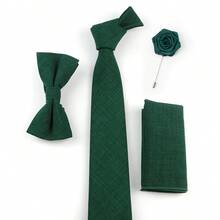 ZONFAZ 4pcs/Set Men's Versatile Solid Color Textured Tie & Bow Tie & Pocket Square & Lapel Pin Combination Set, Suitable For Work, Daily Wear, Weddings, Ceremonies, Performances And Parties - Dark Green - View 3