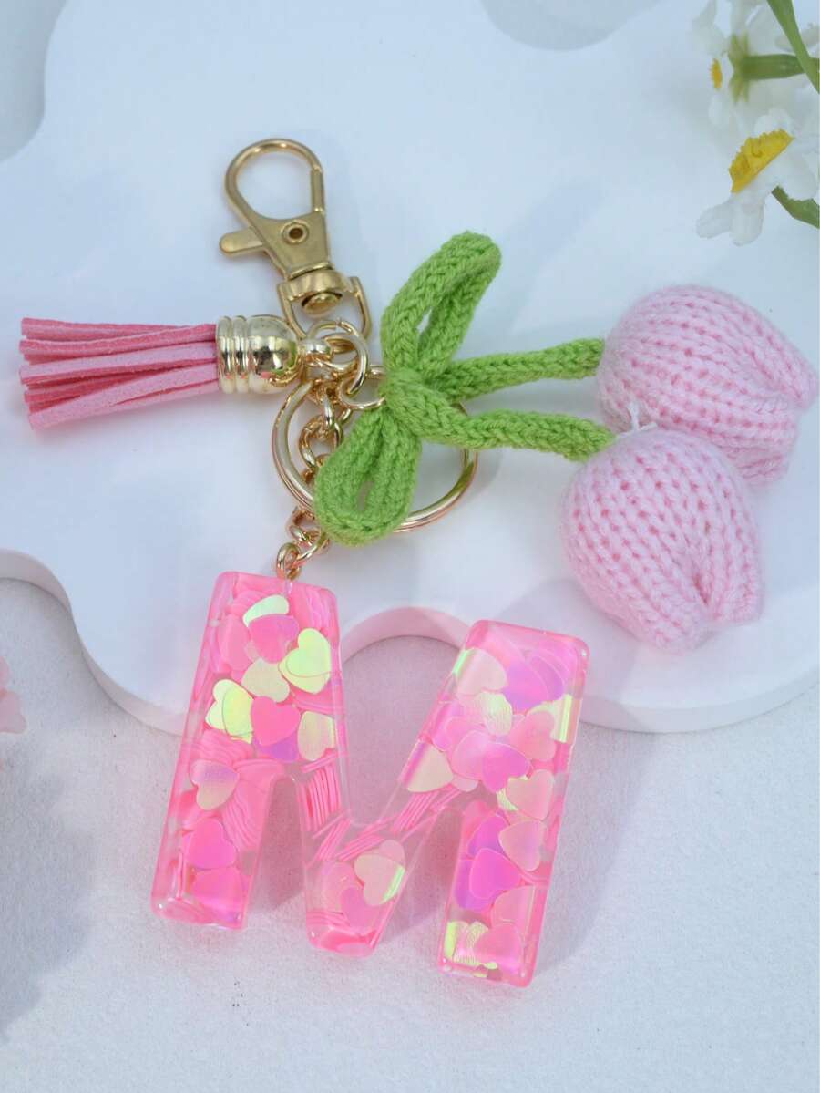Initial Heart Keychain, Tulip Tassel Bag/Car Key Chain, Cute Accessory Gift For Friends, Mom, Teacher, Birthday