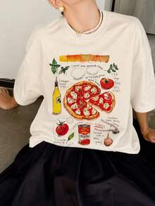 Fractyr 男款披薩食譜印花寬鬆版型 T-shirt，柔軟觸感杏色休閒街頭風，復古美食藝術圖案 - 杏色 - 查看 4