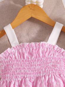 Ensemble camisole & short à carreaux rose & blanc pour filles, style doux & mignon, top à bretelles + short blanc à taille élastique, tenue décontractée 2 pièces pour bébé, port quotidien & vacances, été - Rose bonbon - Voir 3