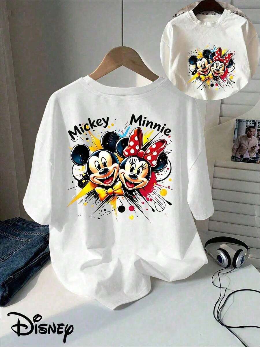 Women's Disney Mickey & Minnie Mouse Graphic Print Casual Cotton T-Shirt, Men's Sizes Suitable For The Whole Family - trắng - Xem 1