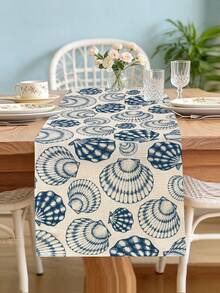 1pc Vintage Blue & White Shell Pattern Linen Table Runner, Suitable For Holidays, Parties, Birthdays, Dinners, Kitchen & Dining Room Decor, Shoe Cabinet Cover, All-Season Home Decor & Textile - Multicolor - View 2