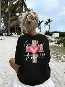 Women's Pink Graphic T-Shirt With Cross And Heart, "God Is Always Good", Short Sleeves, Round Neck, Soft, Comfortable, Loose Casual Fit. Ideal For Church And Everyday Summer Wear. - 黑色 - 查看 5