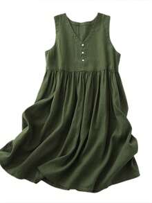 Women's 100% Linen Sleeveless V Neck A-Line Dress Casual Loose Fit Breathable Summer Midi Dress - 杏色 - 查看 3