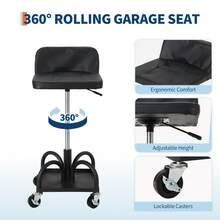 Taburete mecánicoánico rodante para taller - Altura ajustable y diseño ergonómico - Asiento acolchado, respaldo, bandeja para herramientas, ruedas giratorias 360° - A - Ver 5