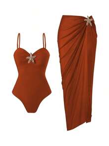 Swim Oasis Set de 2 piezas de vestido largo y traje de baño de una sola pieza con tirantes finos, decoración de estrella de mar y corte alto, unicolor para mujer en verano - Marrón - Ver 1