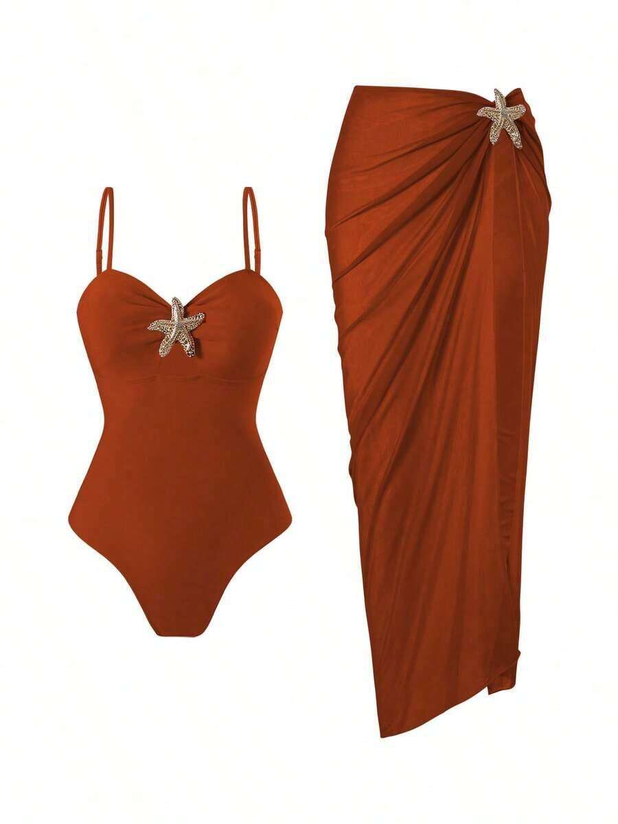 Swim Oasis Set de 2 piezas de vestido largo y traje de baño de una sola pieza con tirantes finos, decoración de estrella de mar y corte alto, unicolor para mujer en verano - Marrón - Ver 1