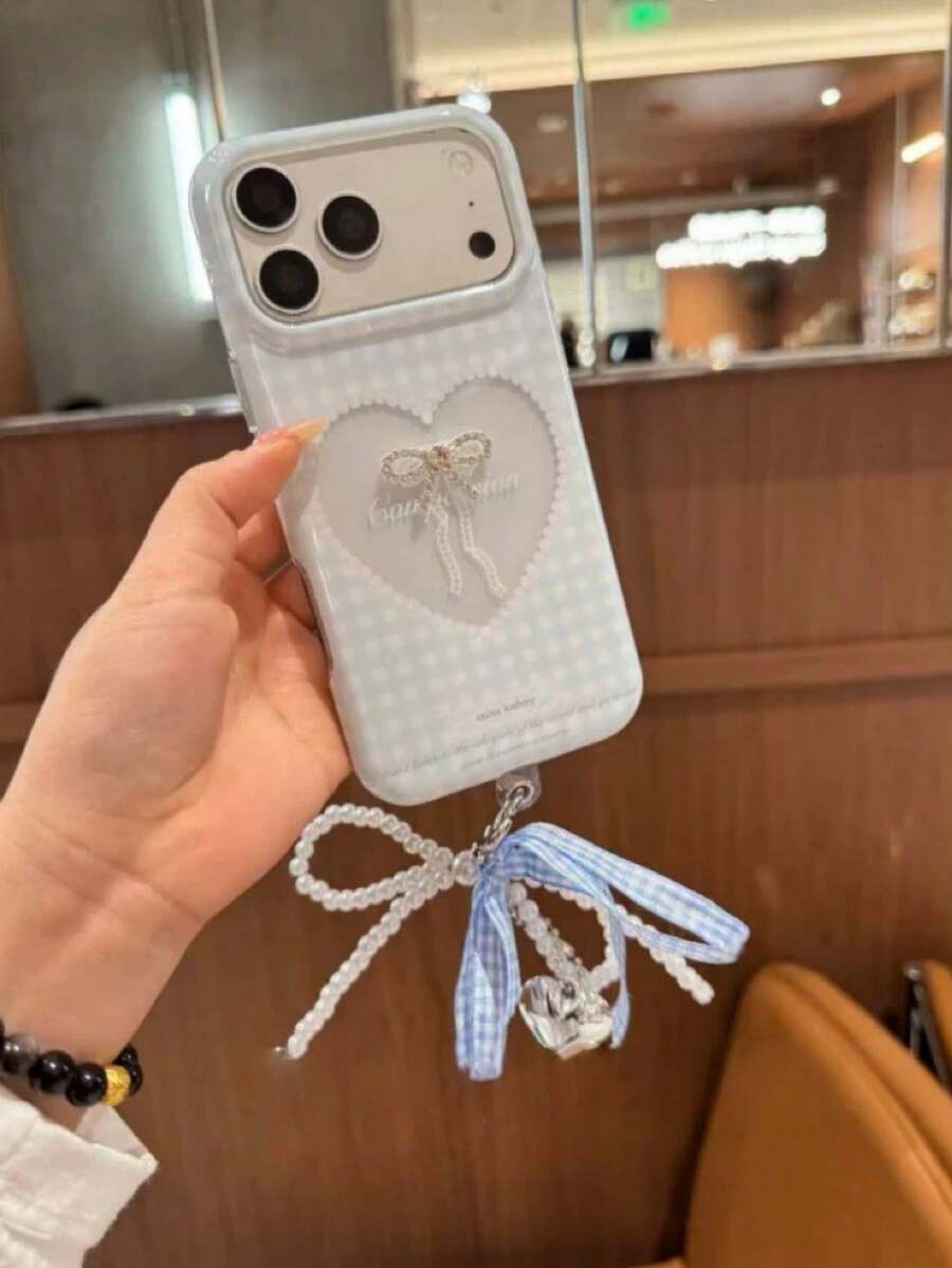 Niche Grid 透明心形蝴蝶结设计 17 Pro Max 手机壳,可爱少女风防震硬壳,适用于 Apple 16 Pro、新款 17 - 淺藍色 - 查看 1