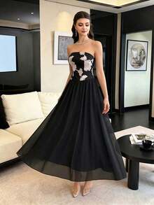 Vestido negro con escote sin tirantes y lazo, con bordado floral elegante de gasa - Negro - Ver 4