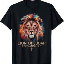 Nueva Camiseta de Manga Corta para Hombre 2026 con Diseño de León de Judá y Cruz Cristiana - Negro - Ver 1