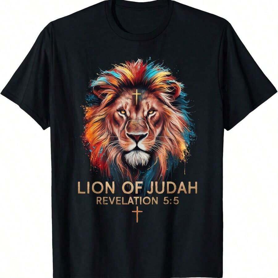 Nueva Camiseta de Manga Corta para Hombre 2026 con Diseño de León de Judá y Cruz Cristiana - Negro - Ver 1