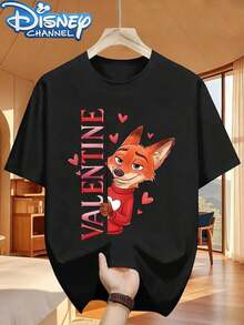 Disney Men'S T-Shirt Featuring A Stylish Design With A Romantic Cartoon Print Of The Word 'VALENTINE' From Zootopia'S Nick. This Easy And Versatile T-Shirt Has A Round Neck And Is Made From Twill Fabric, Perfect For Summer Casual Wear - Black - View 6
