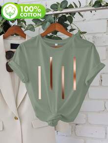 Plus Size, Gradient Color Bars, Women's Plus Size Printed Round Neck Short Sleeve Casual Blouse - 淺綠色 - 查看 6
