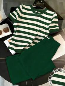 Resyla Conjunto casual de 2 piezas de top de manga corta a rayas y pantalones para mujer - Multicolor 6 - Ver 1