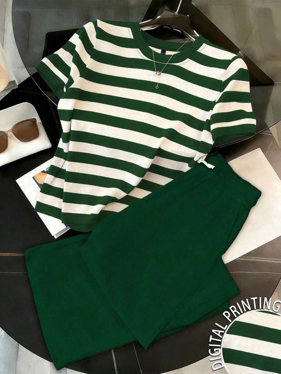 Resyla Conjunto casual de 2 piezas de top de manga corta a rayas y pantalones para mujer - Multicolor 6 - Ver 1