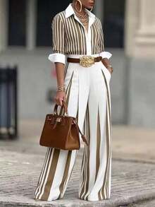 Collared Roll-Up Sleeve Striped Shirt And High-Waisted Striped Wide Leg Pants Two-Piece Set, Elegant & Office Style, Everyday & Work Wear, , Fashion - 棕白(不含皮帶) - 查看 9