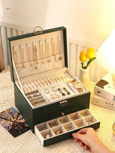 Caja de joyería de gran capacidad de 3 capas, caja de joyería multifunción de piel sintética (PU), caja de reloj con cerradura, caja de almacenamiento de joyas portátil, caja de joyería para tocador con cajones, caja de joyería de cuero como regalo, caja de almacenamiento para anillos, aretes y collares