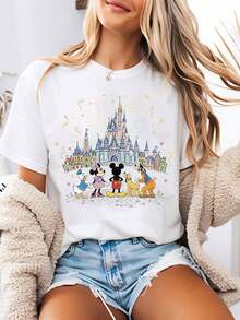 Disney-Style Women's Printed T-Shirt Featuring Mickey Mouse Watching Fireworks Beneath The Magic Castle In A Cartoon Print Design. This Round-Neck Summer Top Is Crafted From Soft, Comfortable 100% Cotton Fabric, Perfect For Everyday Wear, Outdoor Activities, Or Shopping. It Also Makes An Ideal Choice For Women's Vacation Attire. - White - View 7