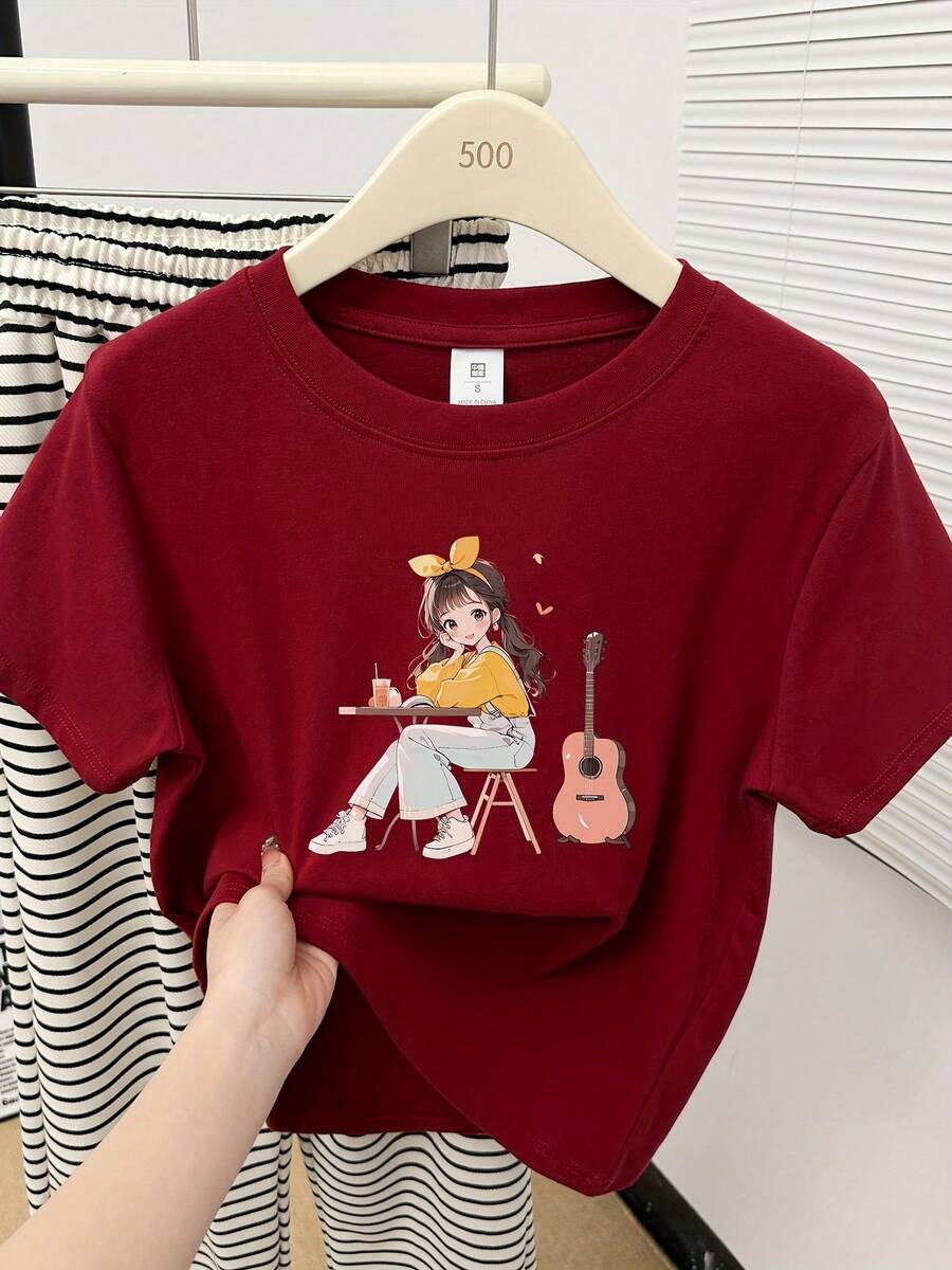 Women's Retro Anime Style Guitar Print T-Shirt - Short Sleeve Slim Fit Summer Top With Latin American Style, Round Neck, Casual And Matching, Machine Washable. - 黑色 - 查看 1