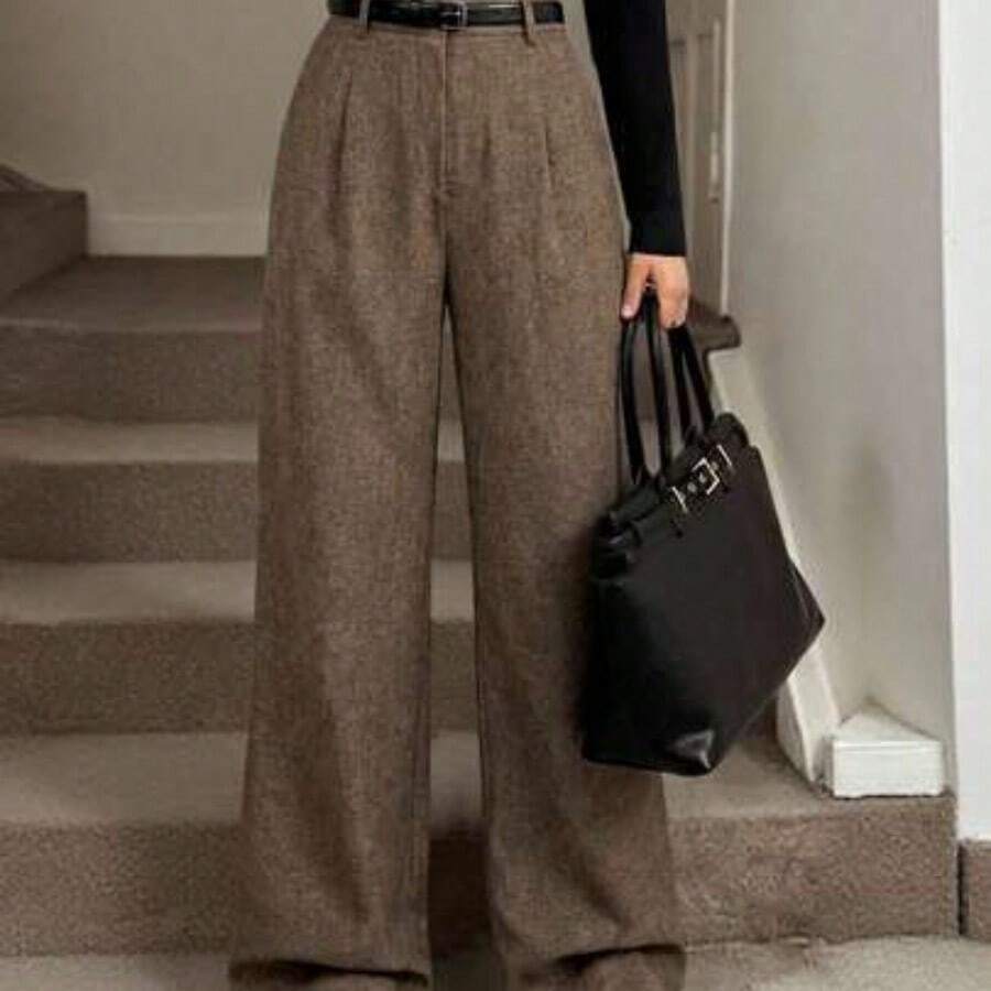 Tall Pantalones elegantes con pliegues y bolsillos de mujer gris para maestras, pantalones grises de cintura alta, pernera ancha, sueltos y holgados, para primavera, verano y otoño, pantalones anchos y holgados para mujeres profesionales de negocios - Marrón - Ver 1