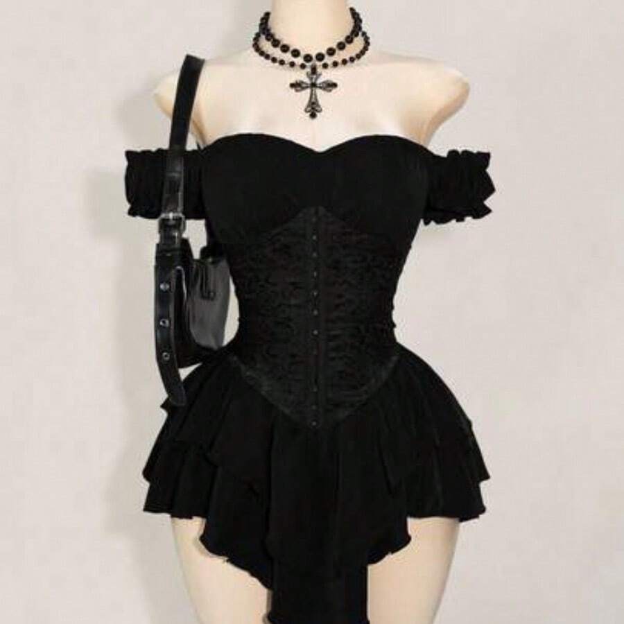 ICON Vestido corto de gasa con volantes en el hombro, cintura fruncida y estampado jacquard para mujer, elegante para fiestas y uso casual - Negro01 - Ver 1