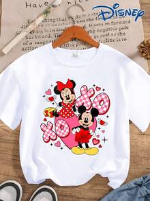 Disney Authorization And Minnie Mouse Mickey Mouse Graphic Print Crew Neck T-Shirt, Casual Fashion Short Sleeve T-Shirt, Micro-Elastic, Non-Transparent, Easy To Care Material, Ideal For Everyday Wear, Women'S Clothing T-Shirt, Valentine'S Day Love - trắng - Xem 1