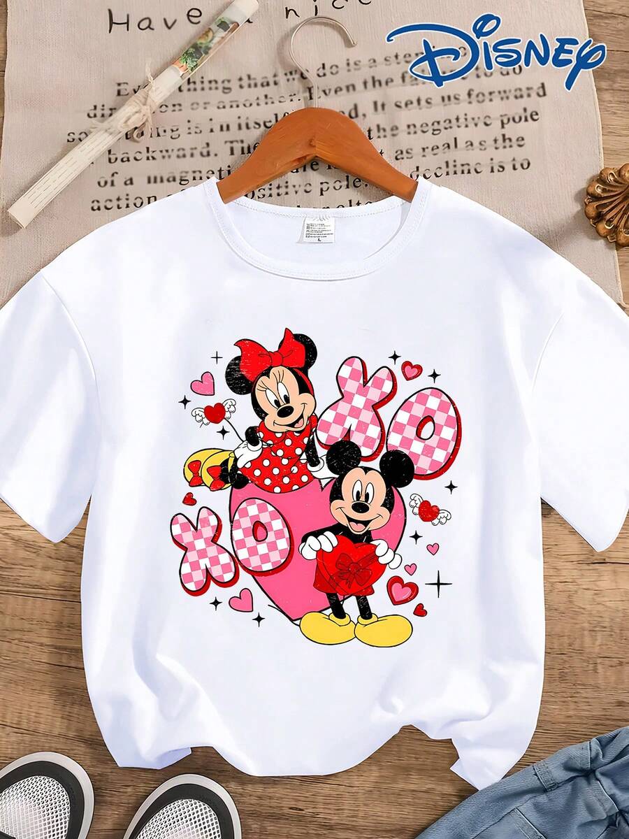 Disney Authorization And Minnie Mouse Mickey Mouse Graphic Print Crew Neck T-Shirt, Casual Fashion Short Sleeve T-Shirt, Micro-Elastic, Non-Transparent, Easy To Care Material, Ideal For Everyday Wear, Women'S Clothing T-Shirt, Valentine'S Day Love - trắng - Xem 1