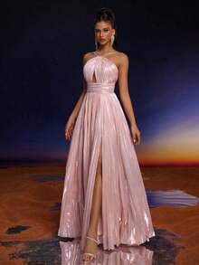 Women's Luxury Hollow-Out Side Slit Ruched Halter Maxi Evening Dress Party Wedding Pink - 粉色 - 查看 9