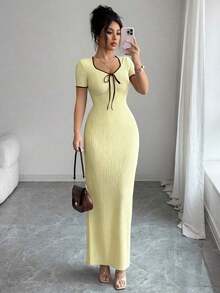 Vestido largo ajustado de manga corta con diseño de lazo en la cintura y cuello de corazón elegante y romántico en color albaricoque, para primavera/verano - Amarillo claro - Ver 7