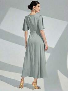 Vestido largo de noche con cuello redondo, volantes y mangas cortas de unicolor para mujer - Verde Gris - Ver 2