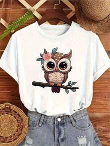 Camiseta negra minimalista moderna con estampado de búho para uso en casa o al aire libre, tela, ideal para uso casual, perfecta para la sala de estar o actividades en el jardín, diseño elegante, material ligero, casual para el día a día. - Blanco - Ver 7