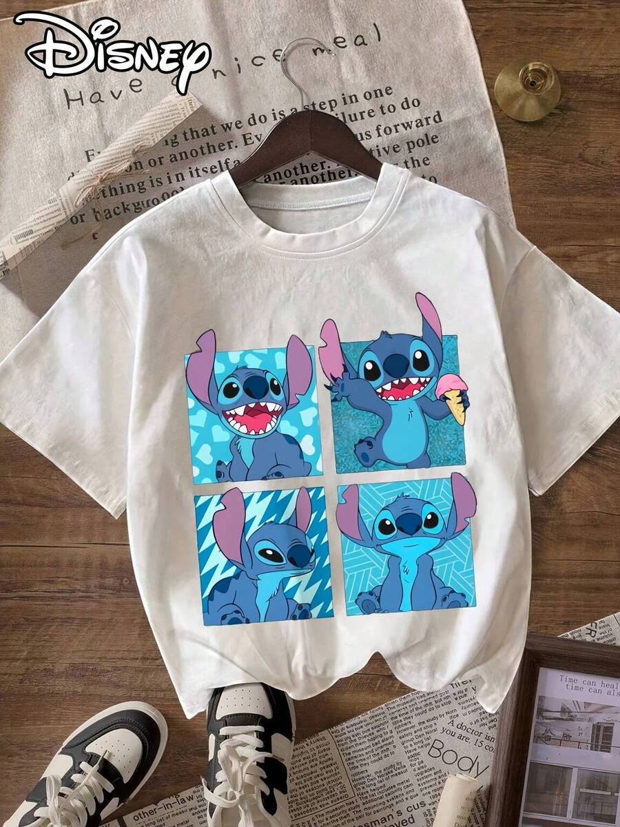 Disney Stitch Graphic Print Women's T-Shirt, Casual Short-Sleeved Shirt With A Round Neck, Perfect For Everyday Wear - 白色 - 查看 1