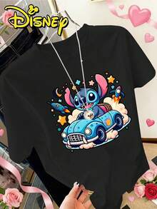 Authentic Disney Cartoon Character Stitch Drives A Blue Vintage Car, Surrounded By Rockets, Stars, Clouds, And Heart Decorations. The Overall Style Is Full Of Charm And Dreamy Colors. Disney Summer New Short Sleeve T-Shirt, Women's Casual Fashion - 黑色 - 查看 1