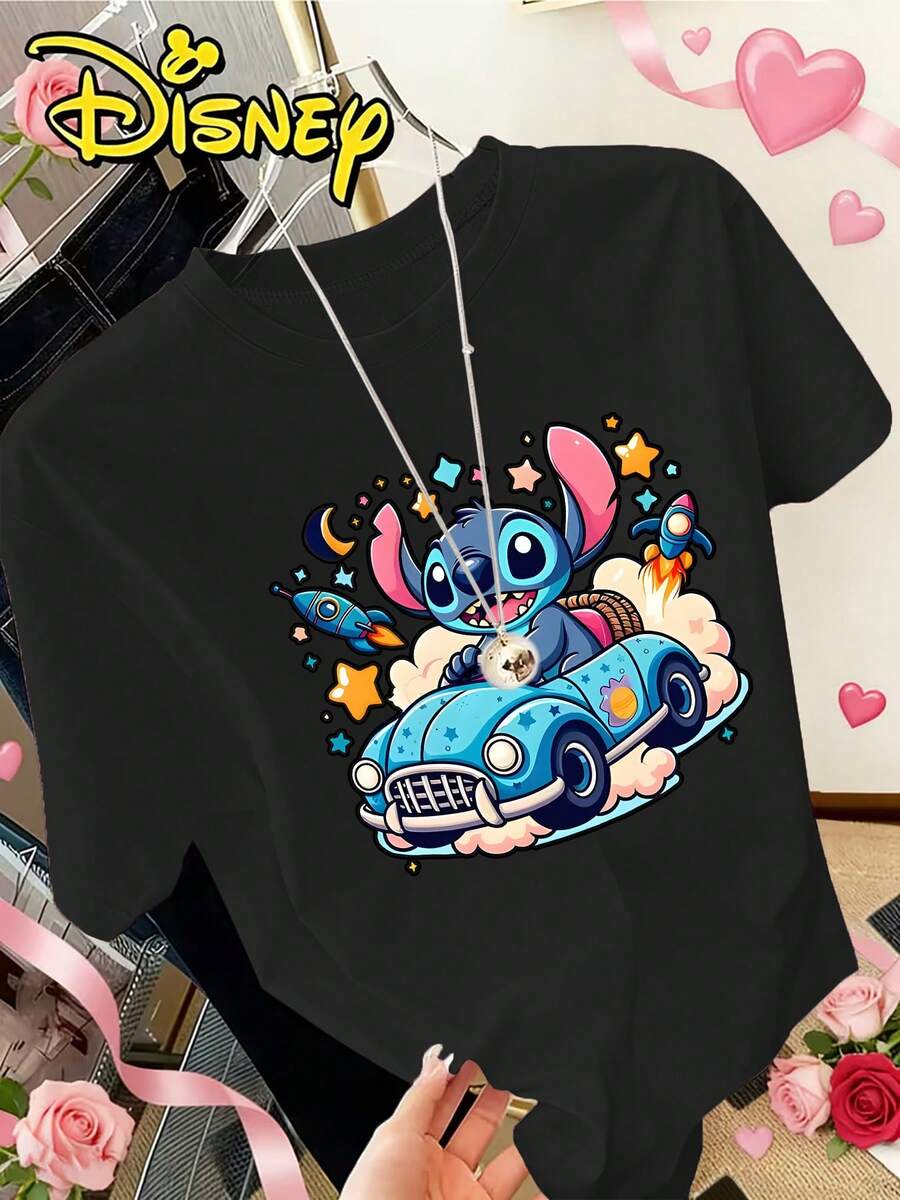 Authentic Disney Cartoon Character Stitch Drives A Blue Vintage Car, Surrounded By Rockets, Stars, Clouds, And Heart Decorations. The Overall Style Is Full Of Charm And Dreamy Colors. Disney Summer New Short Sleeve T-Shirt, Women's Casual Fashion - 黑色 - 查看 1