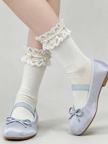 1 Pair Women's Beige Lace Pearl Decorated Ankle Socks, Sweet Lolita Style, Ribbed Knit, High Elasticity, Suitable For Lolita And Daily Wear - Multicolor - View 4