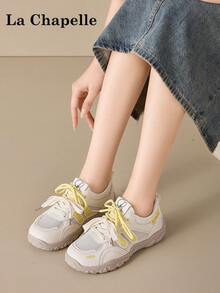 1 par de zapatillas casuales de suela gruesa con cordones para mujer La Chapelle, de punta redonda, tacón bajo plano, adecuadas para estudiantes, fotos de graduación, senderismo, zapatos de skate de suela blanda y de cuero de caña baja - Amarillo limón - Ver 8