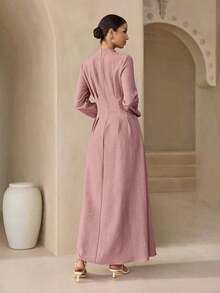 Vestido de tela texturizada gris-rosa con botones decorativos dorados, vestido elegante con cintura ceñida para mujeres - Rosa coral - Ver 2
