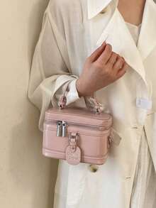 1 pieza Bolso de diseño de caja con patrón de rombos BEIKAMU, monedero para maquillaje, elegante bolso bandolera con cadena - Rosa - Ver 2