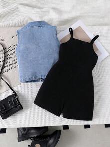2pcs Girls Vintage Denim Vest & Suspender Jumpsuit Set, Lightweight Summer - Black - View 2