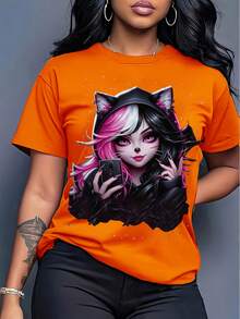 Women's T-Shirt With Anime Cat Ears Print - Short Sleeve, Round Neck, Japanese Sleeve Print, Soft And Stretchy, For Summer And Spring, Ideal For Conventions, Theme Events And Casual Wear - 橘色 - 查看 6