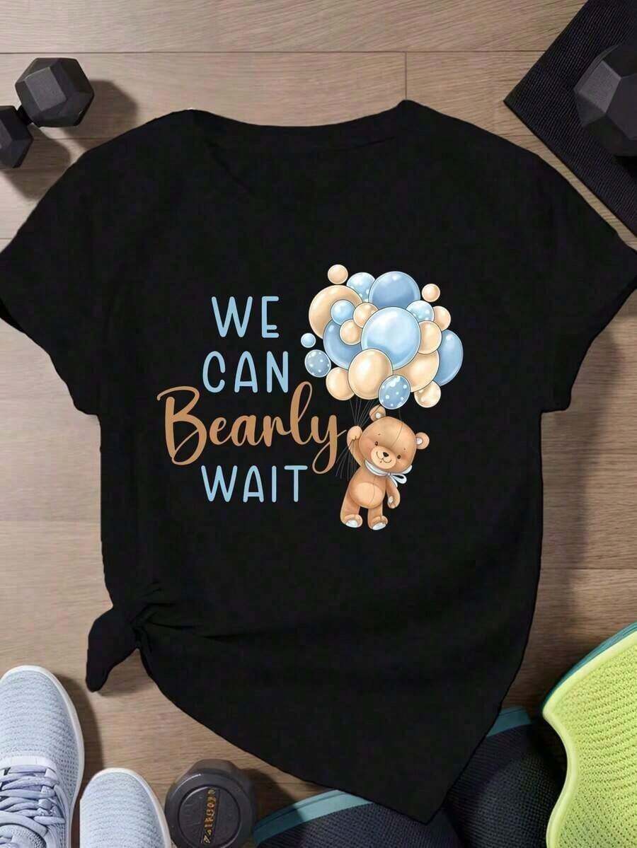 1 pieza Camiseta con estampado gráfico de dibujos animados "Bear Balloons And We Can Bearly Wait", estilo casual, manga corta, a la moda, con personalidad, cómoda, de corte holgado, para primavera y verano, para mujeres y hombres, ideal para Pascua y el Día de la Madre, 180g, 100% algodón. - Negro - Ver 1