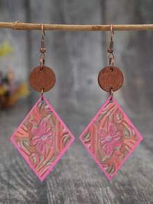 1 Pair Fashionable Hollow Printed Rhombus Wooden Earrings, Bohemian Style Daily Wear For Women - Pink Diamond - View 6