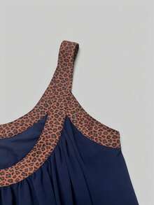 Leopard Print Ruffle Hem Mini Chiffon Dress, Patchwork Applique, Vacation Beach Style Elegant Summer - Royal Blue - View 5