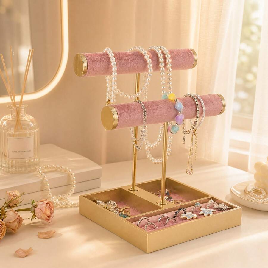 2-Tier Detachable T-Shape Jewelry Stand Elegant Velvet Bracelet Necklace Display Rack Organizer For Vanity Table Bedroom Dresser Storage Home Decor - Multicolor - View 1